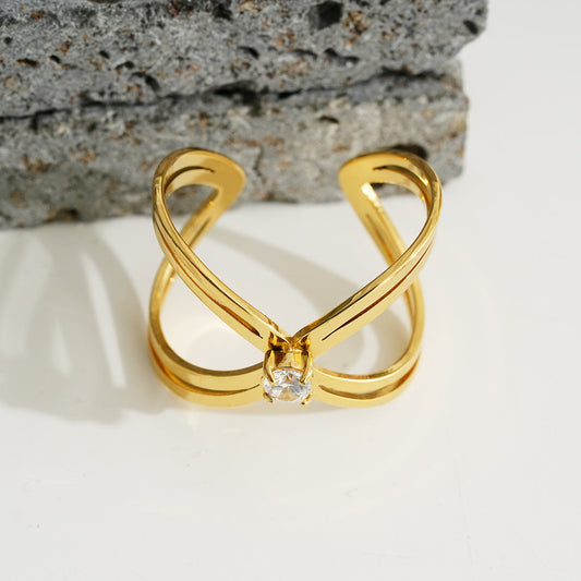 Bague Dorée Ouverte Large Creuse Fils En Croix Avec Strass Girl's Dream