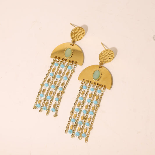 Boucles d'oreilles Dorées Demi Cercle Avec Chaîne Et Acrylique Bleue Girl's Dream