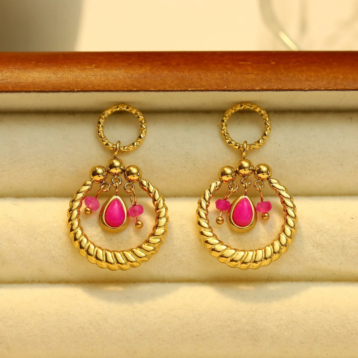 Boucles d'oreilles Dorées Anneau avec Pierres Naturelles Roses Girl's Dream