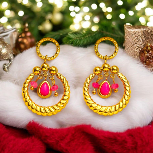 Boucles d'oreilles Dorées Anneau avec Pierres Naturelles Roses