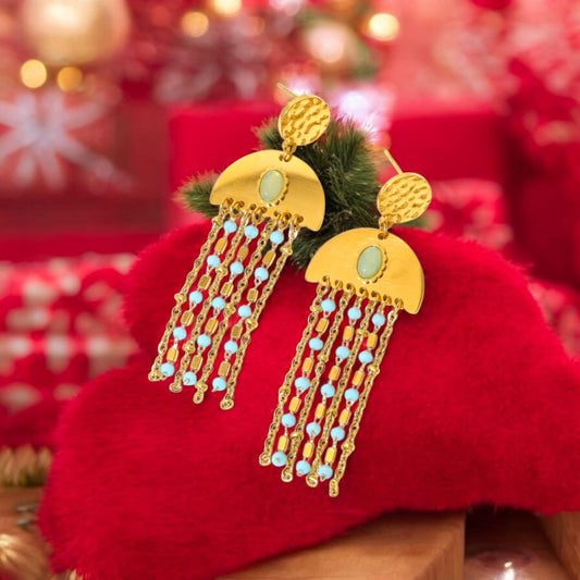 Boucles d'oreilles Dorées Demi Cercle Avec Chaîne Et Acrylique Bleue