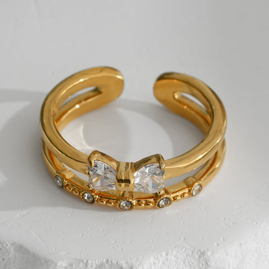 Bague Dorée Ouverte Large Creuse Avec Nœud Papillon Et Multi Strass Girl's Dream