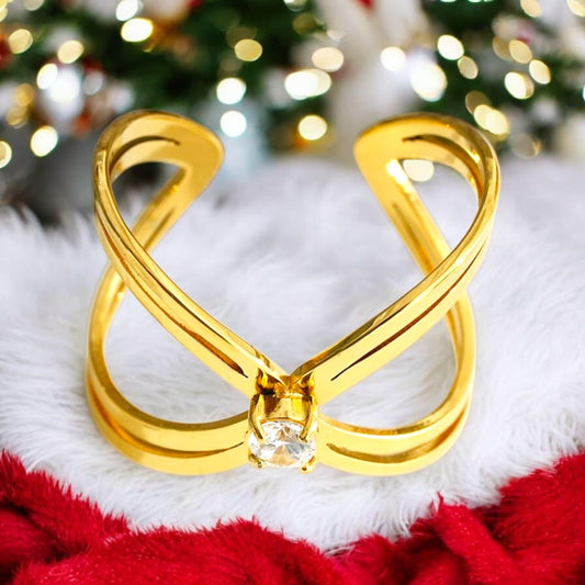 Bague Dorée Ouverte Large Creuse Fils En Croix Avec Strass