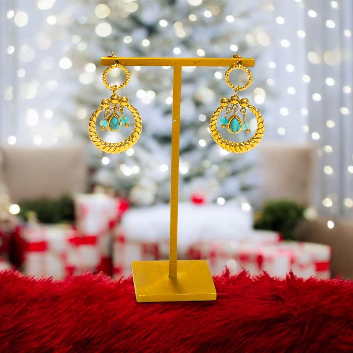 Boucles d'oreilles Dorées Anneau avec Pierres Naturelles Bleues