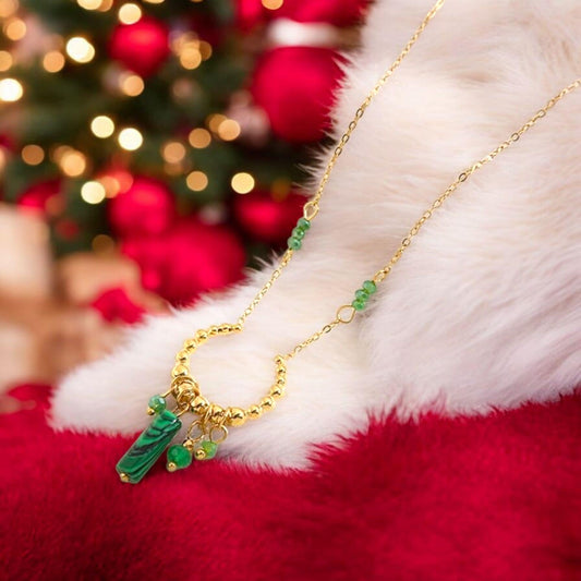 Collier Doré Anneau Doré Ouvert Avec Pendentifs Pierres Malachite
