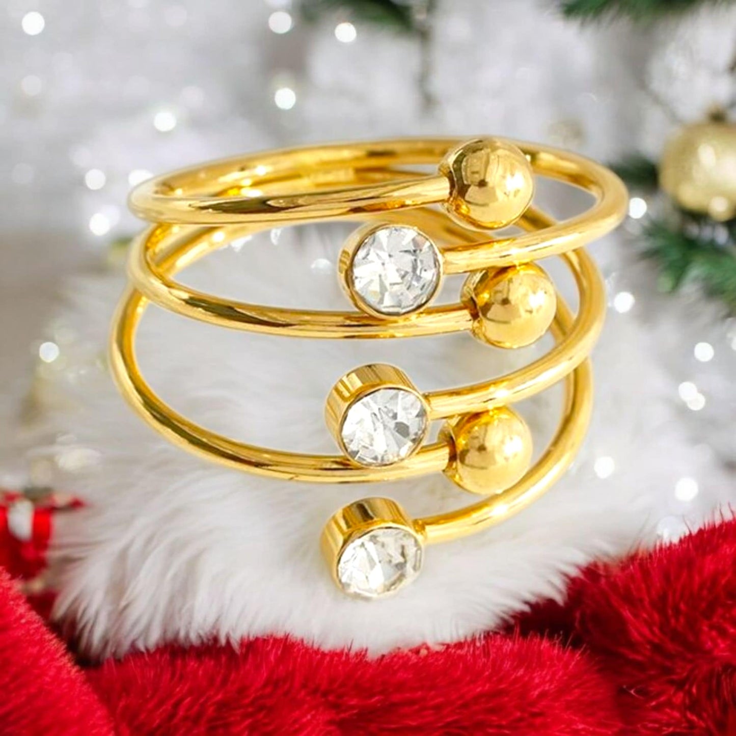 Bague Dorée Multi Lignes Pointes En Boules Et Strass