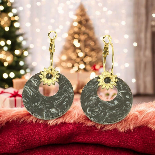 Boucles d'oreilles Dorées Soleil Pendantes Acrylique Noire