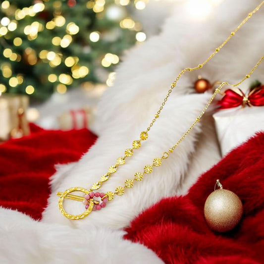Collier Doré Cercle Martelé Et Barre Avec Anneau Perles Roses