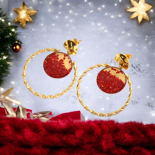 Boucles d'Oreilles Dorées Torsadées Avec Cristaux Rouges